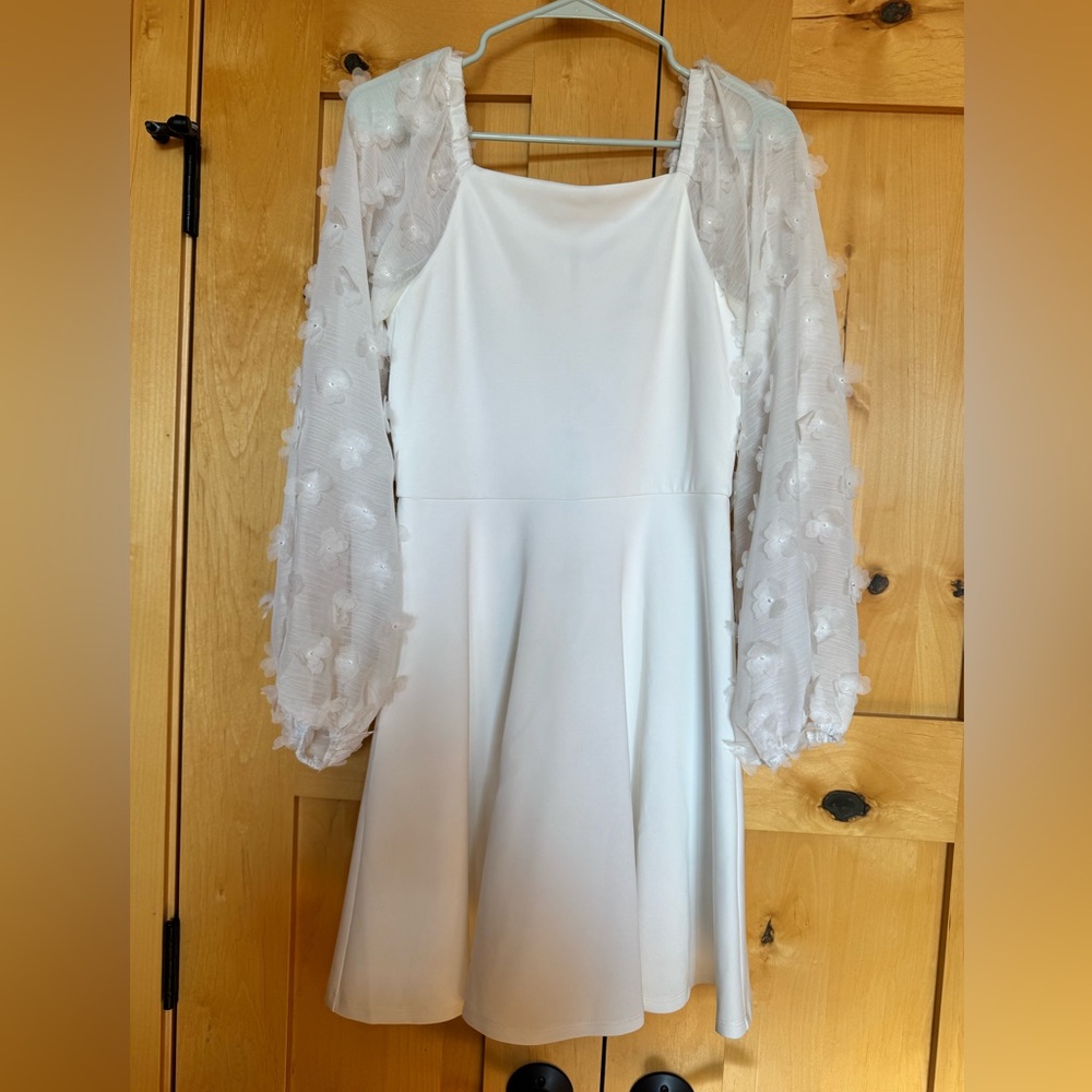 Truly Me White Dress with Sheer Floral Appliqué Sleeves
